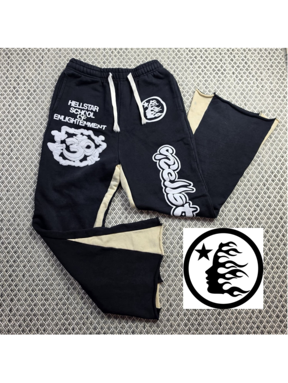 Hellstar School of Enlightenment Flare Sweatpants Black Cream Graphic Pants XL